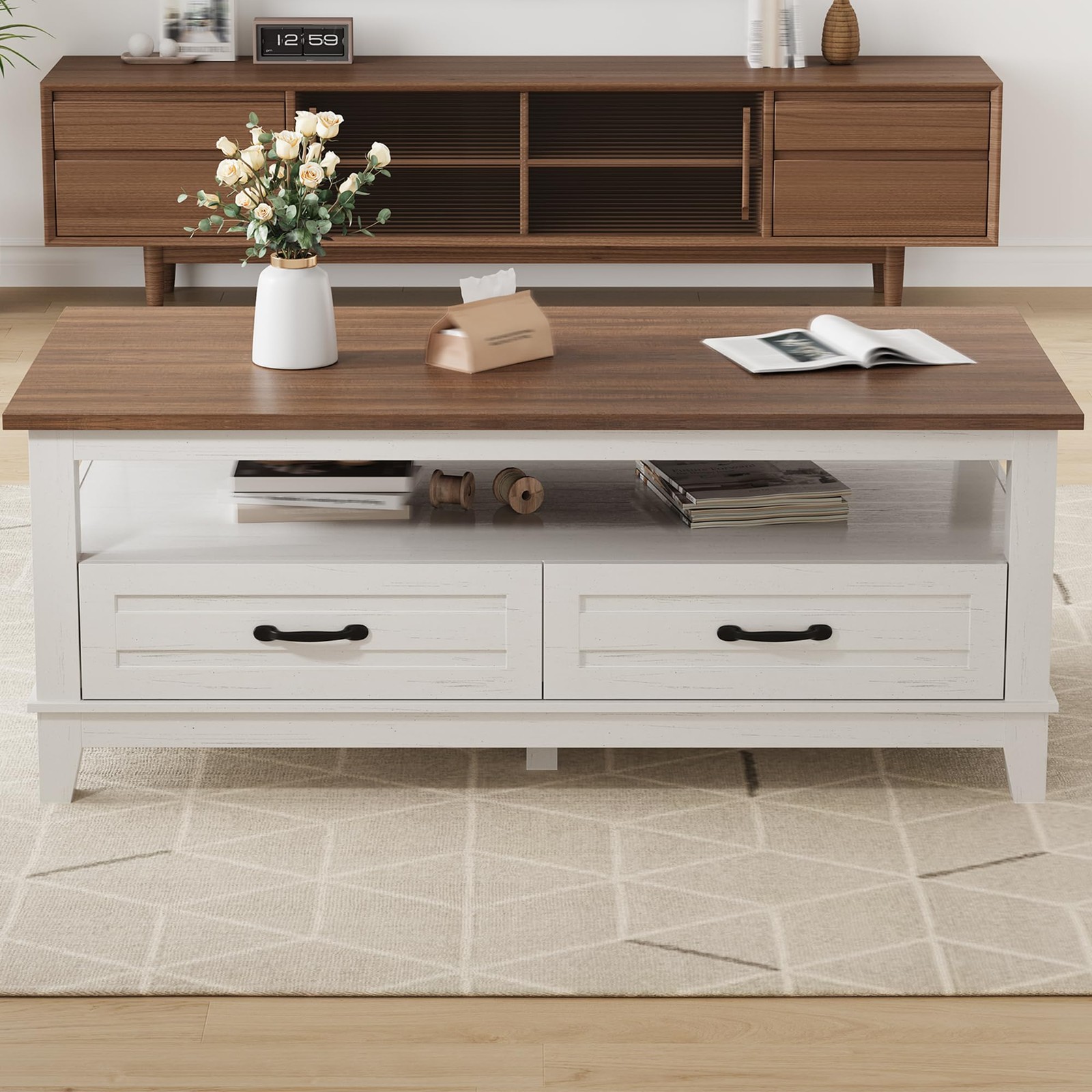 GRAVEE 47" Farmhouse Coffee Table with 2 Drawers Wood Center Storage Shelf