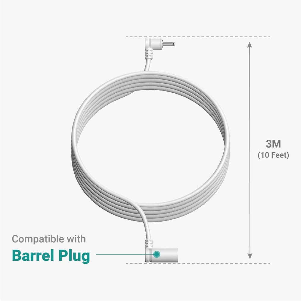 10 ft. Barrel Plug Extension Cable - Compatible with Ring Solar Panel White
