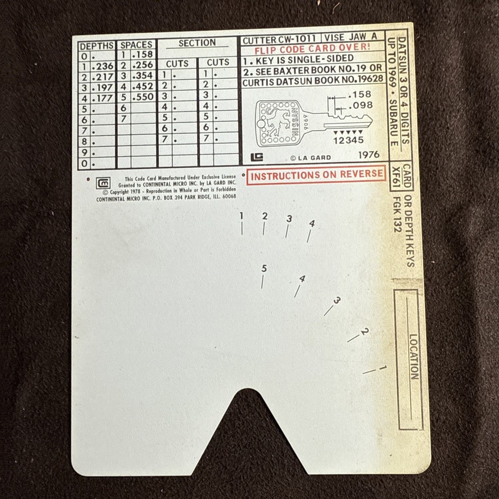 HPC FX61 Code Card HPC CODE MACHINE CODE CARD XF61 Locksmith
