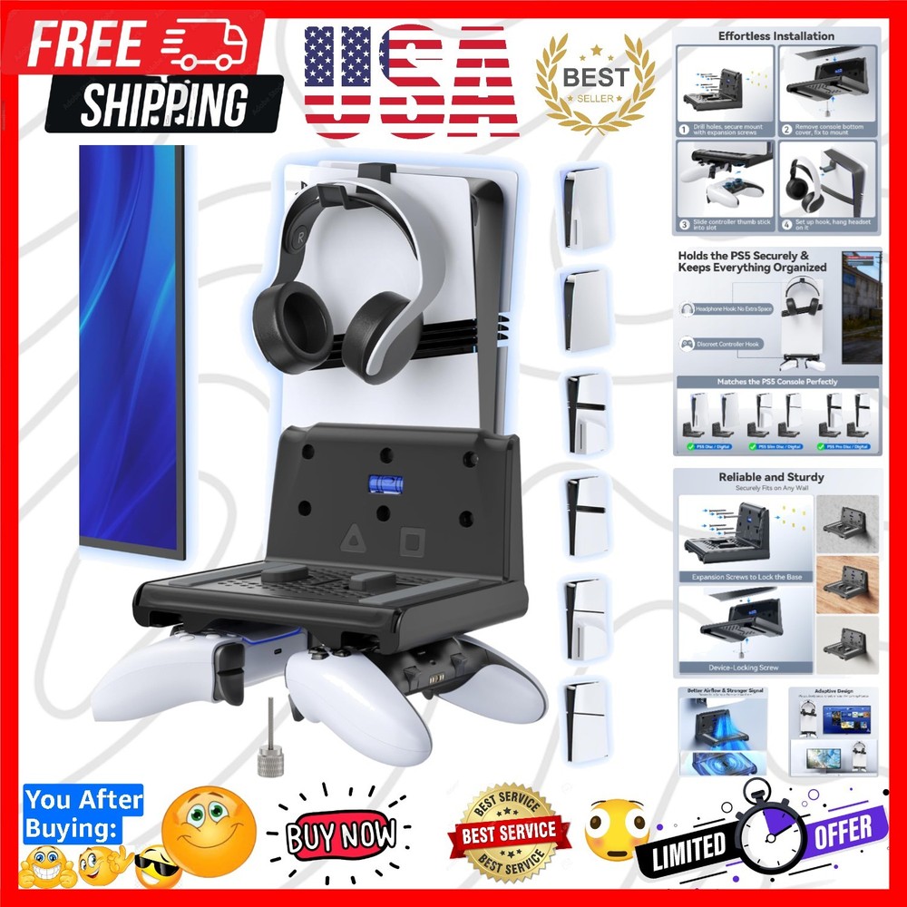 P5 Wall Mount Kit with Controller Holder Compatible with P5/Slim/Pro Disc & D...