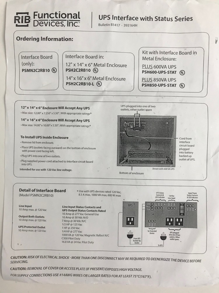 RIB FUNCTIONAL DEVICES PSH600-UPS-STAT ENCLOSED UPS INTERFACE BD W/600VA UPS