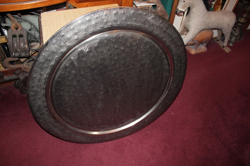 HUGE Arabic Middle Eastern Silver Metal Circular Table Top Wall Decor Engraved