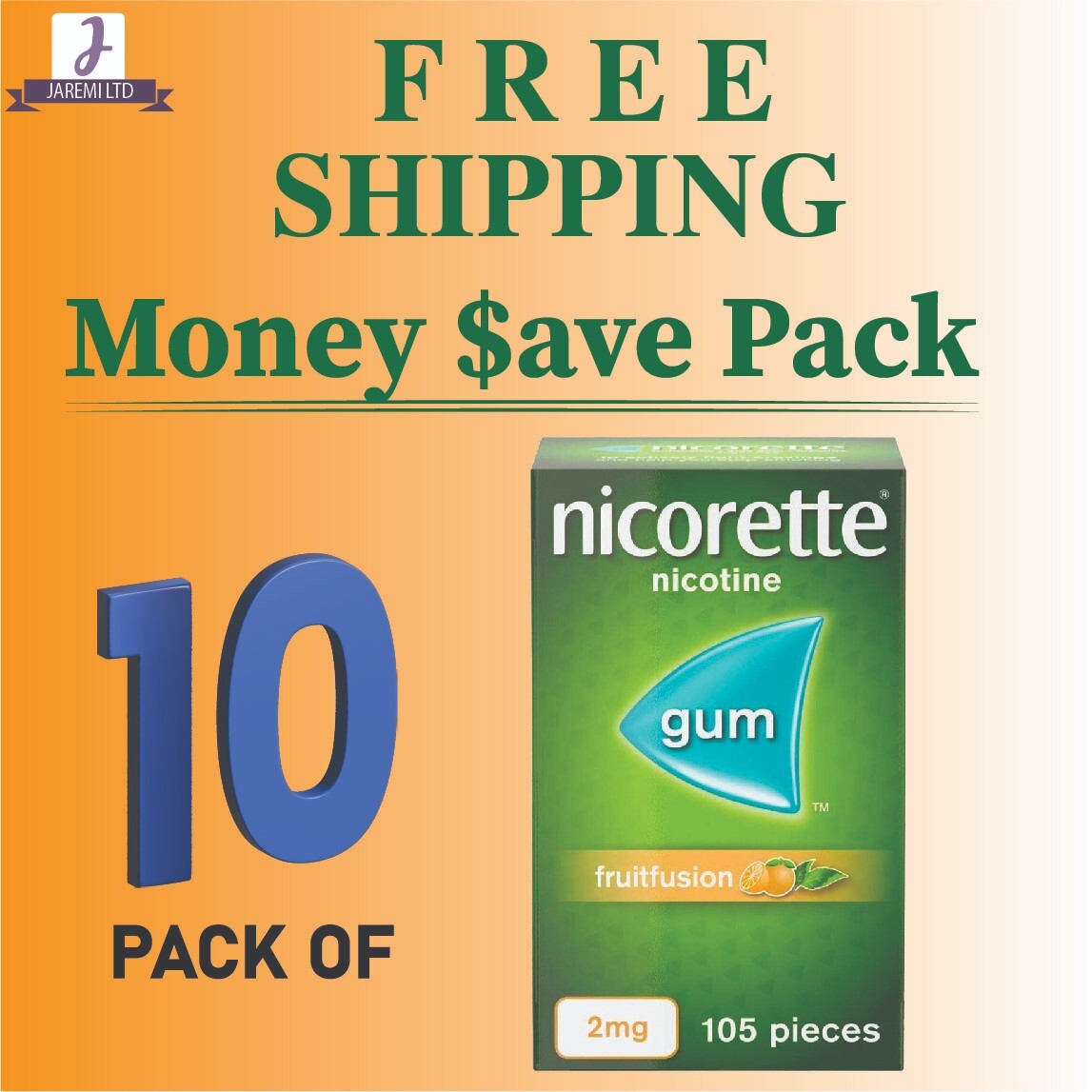 Nicorette Gum 2mg FRUITFUSION Suger Free 105pieces-PACK OF 10