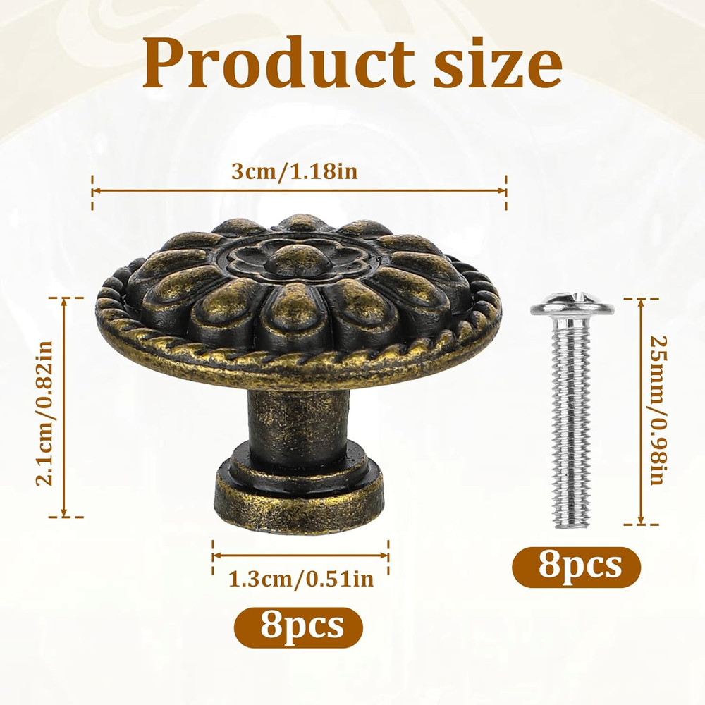 8 Pack Antique Brass Drawer Knobs Vintage Round Cabinet Pulls 1.18 Inch