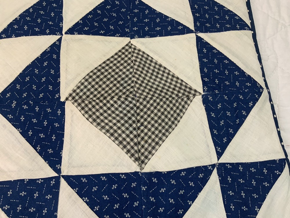 Vintage Patchwork Quilt Table Topper, Triangles, Early 1900’s, Navy, White