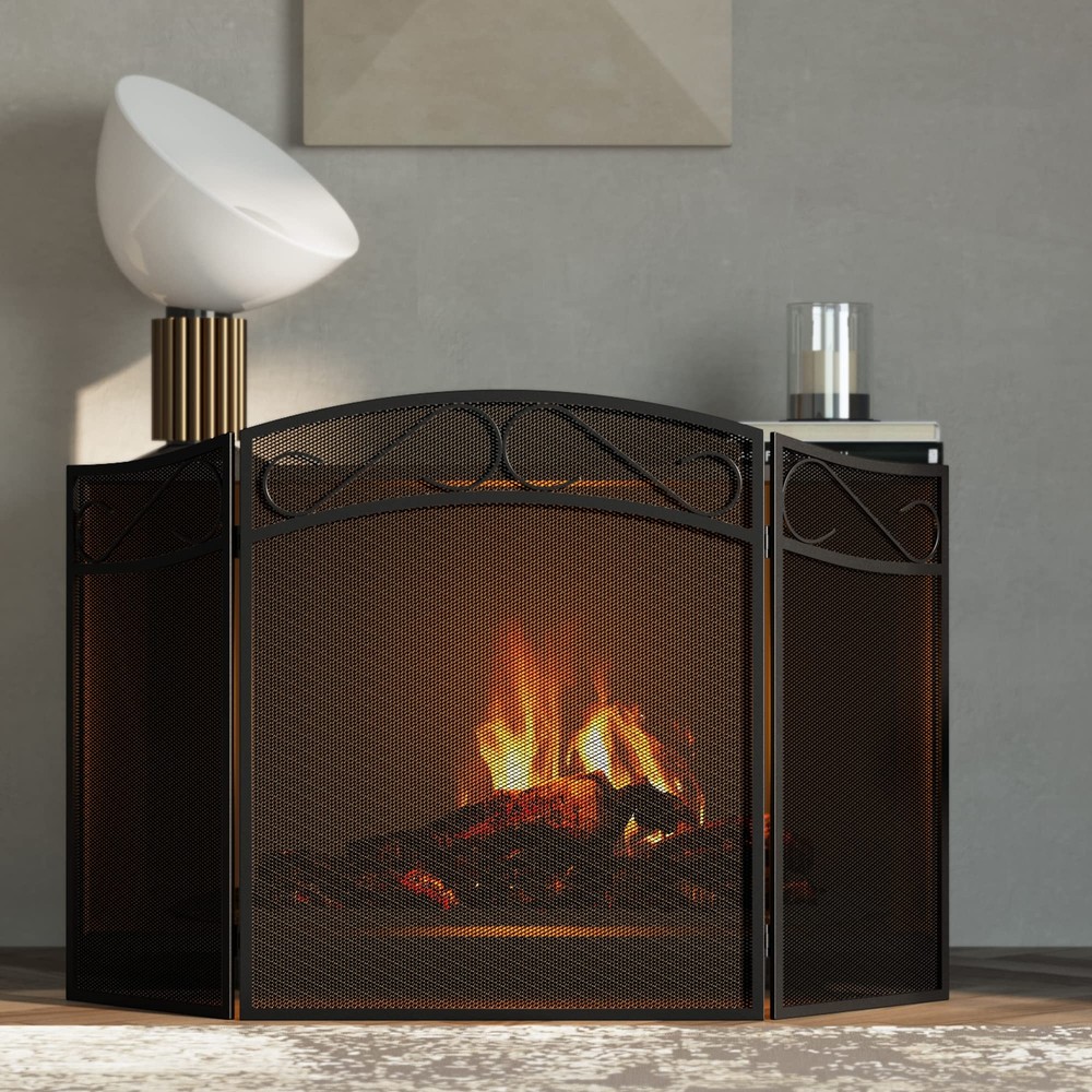 Fire Beauty Foldable Fireplace Screen 3 Panel Wrought Iron with Spark Guard ...