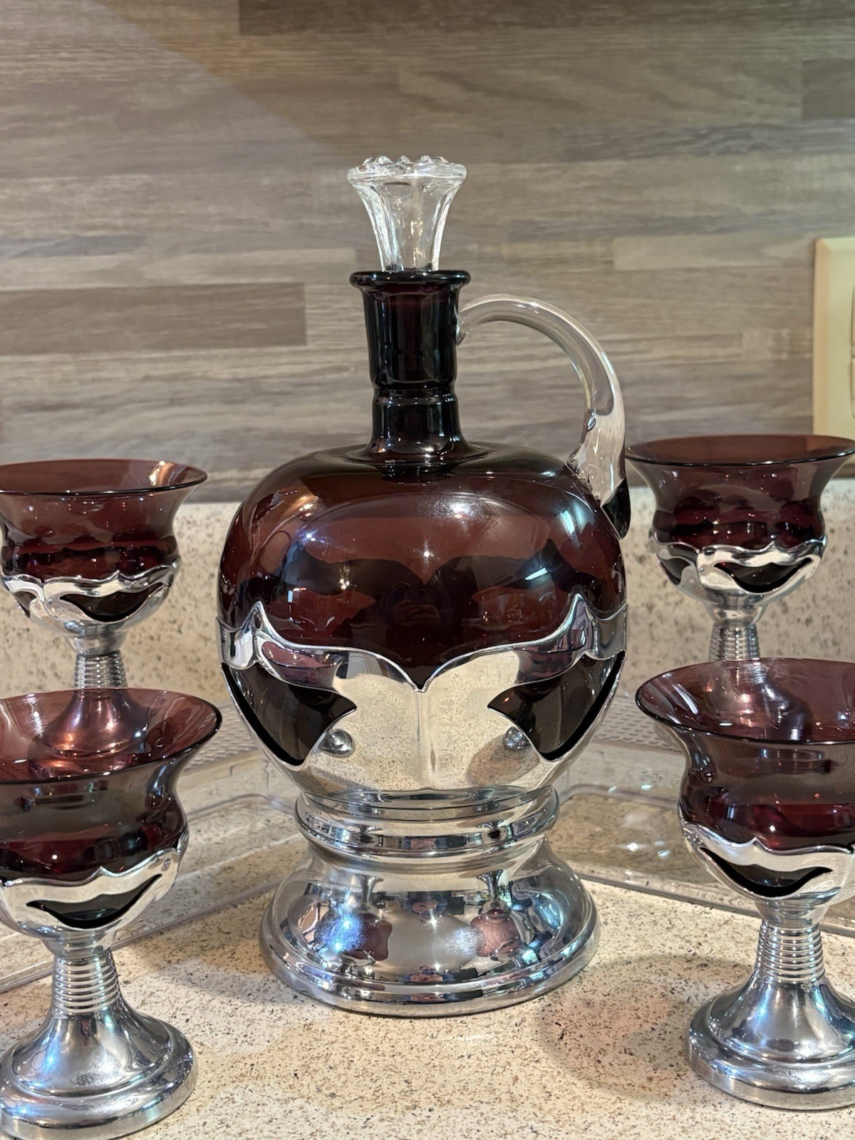 Farber Bros Krome Kraft Amethyst Cocktail Decanter with 6 Glasses