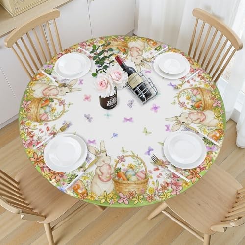 Easter Rabbit Round Fitted Tablecloth with Elastic 44" (Round) Easter Yellow