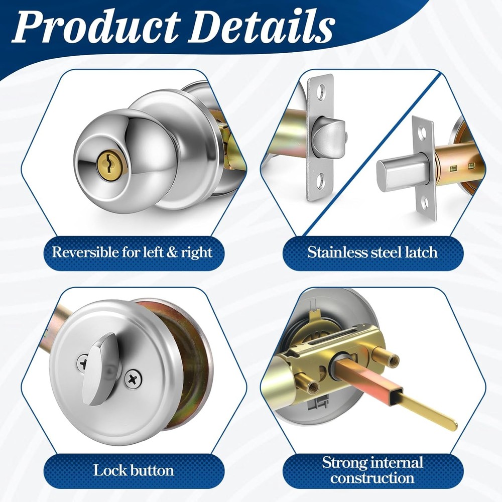 2 Sets Entry Door Knob Dead Bolt Level Locks Combo Set Silver