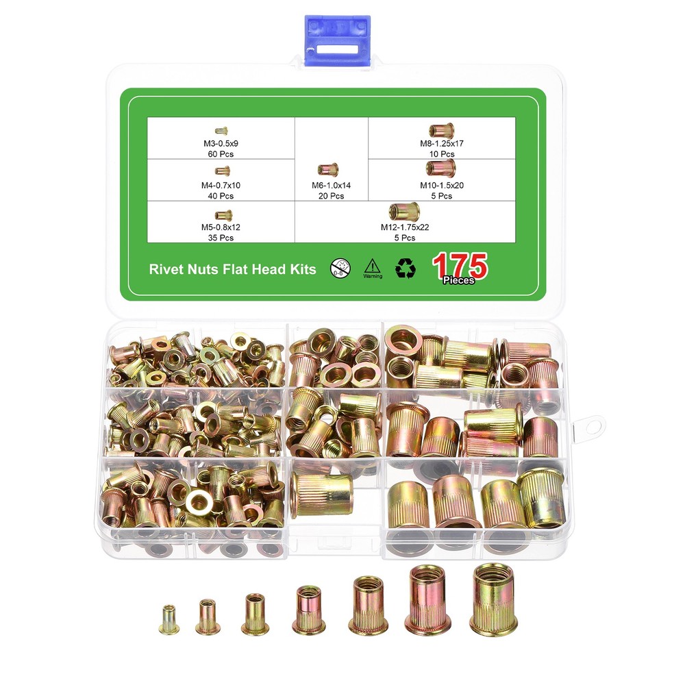 175Pcs Rivet Nut Flat Head, M3, M4, M5- M6, M8, M10, M12