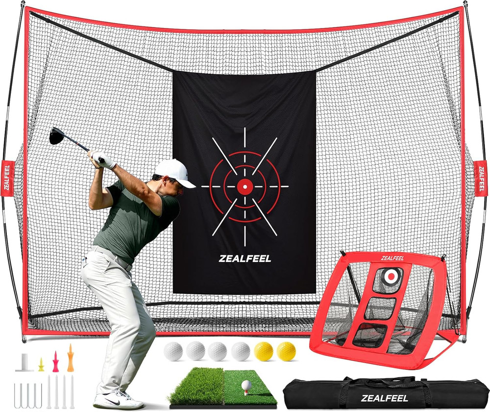 Golf Net, 10X7Ft Practice Net with Chipping Net, Foldable Mat, Silk Target, 8 Te