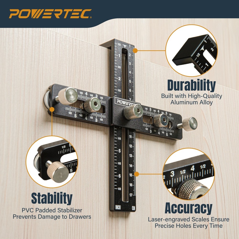 POWERTEC 72186 Cabinet Hardware Jig for Knobs, Handles & Pulls, 1PK