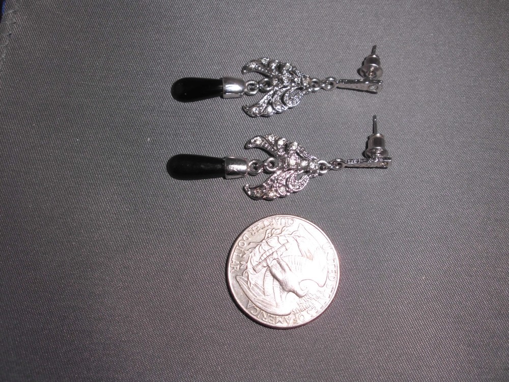 VTG Silver Tone CZ Rhinestone Black Plastic Dangle Earrings