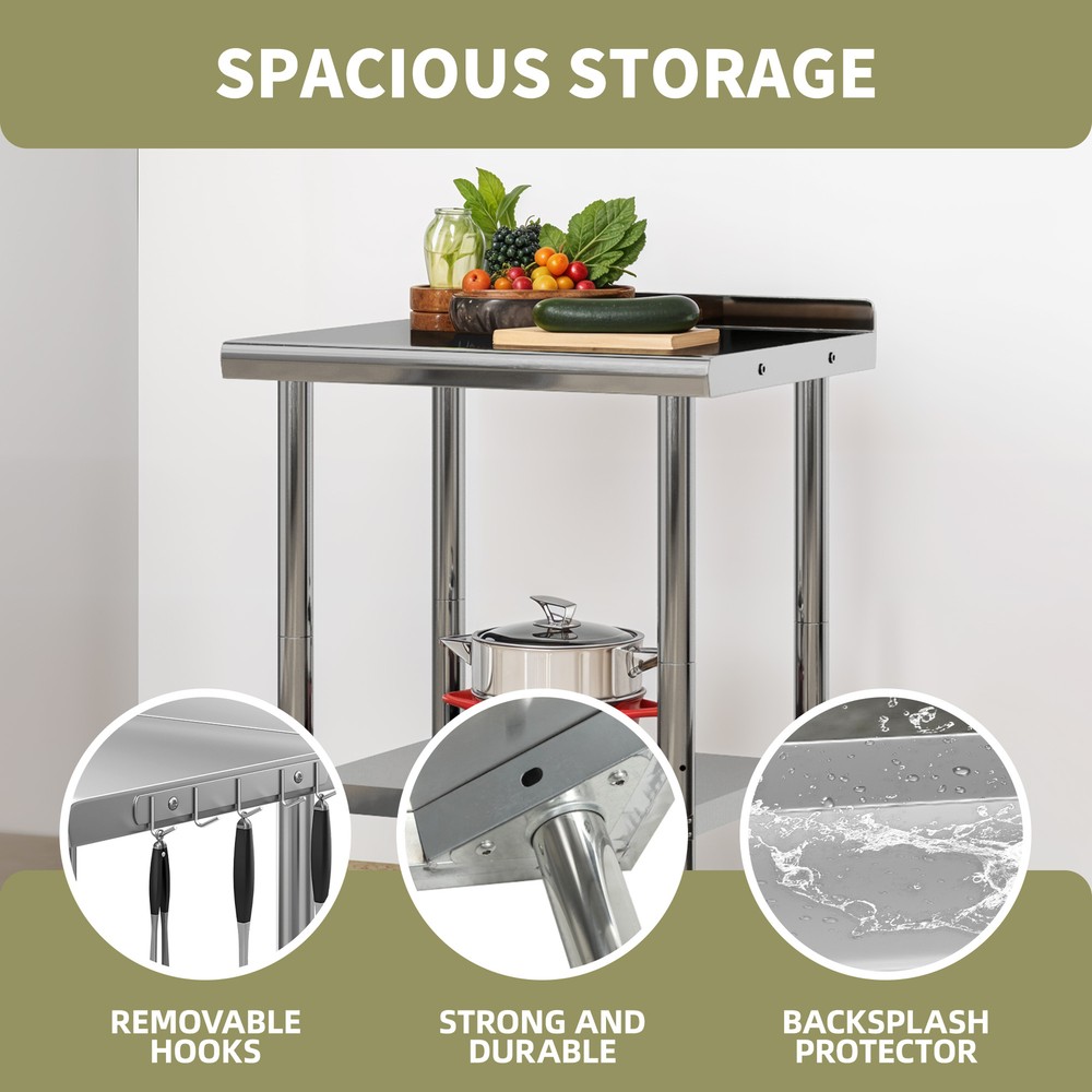 30" Work Table Stainless Steel Undershelf Kitchen Prep Backsplash w/ Hook Wheels
