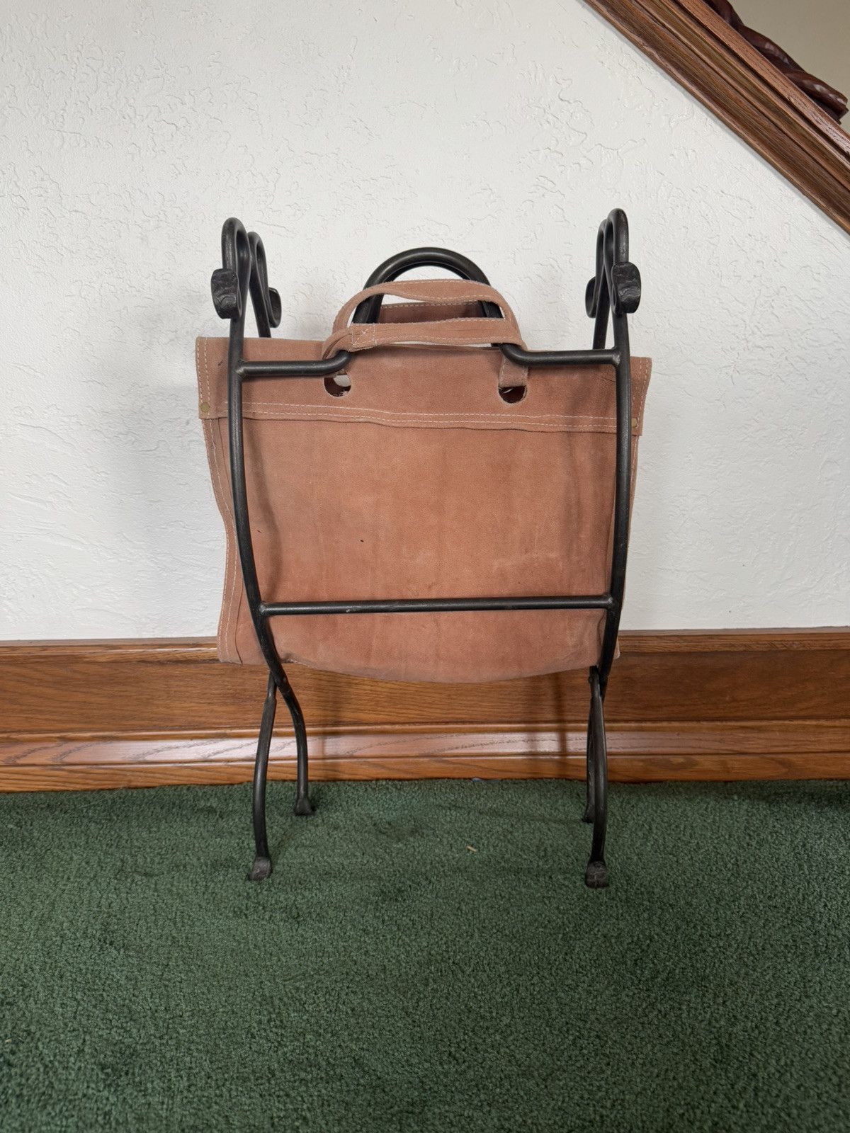 Vintage Metal and Suede Fireplace Log Holder Folding Firewood