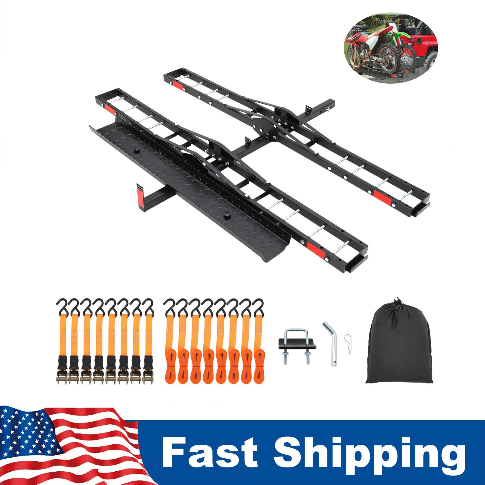 600 LBS 2 Motorcycle Hitch Carrier w/Ramp Dirt Bike Hauler Rack with 2” Receiver