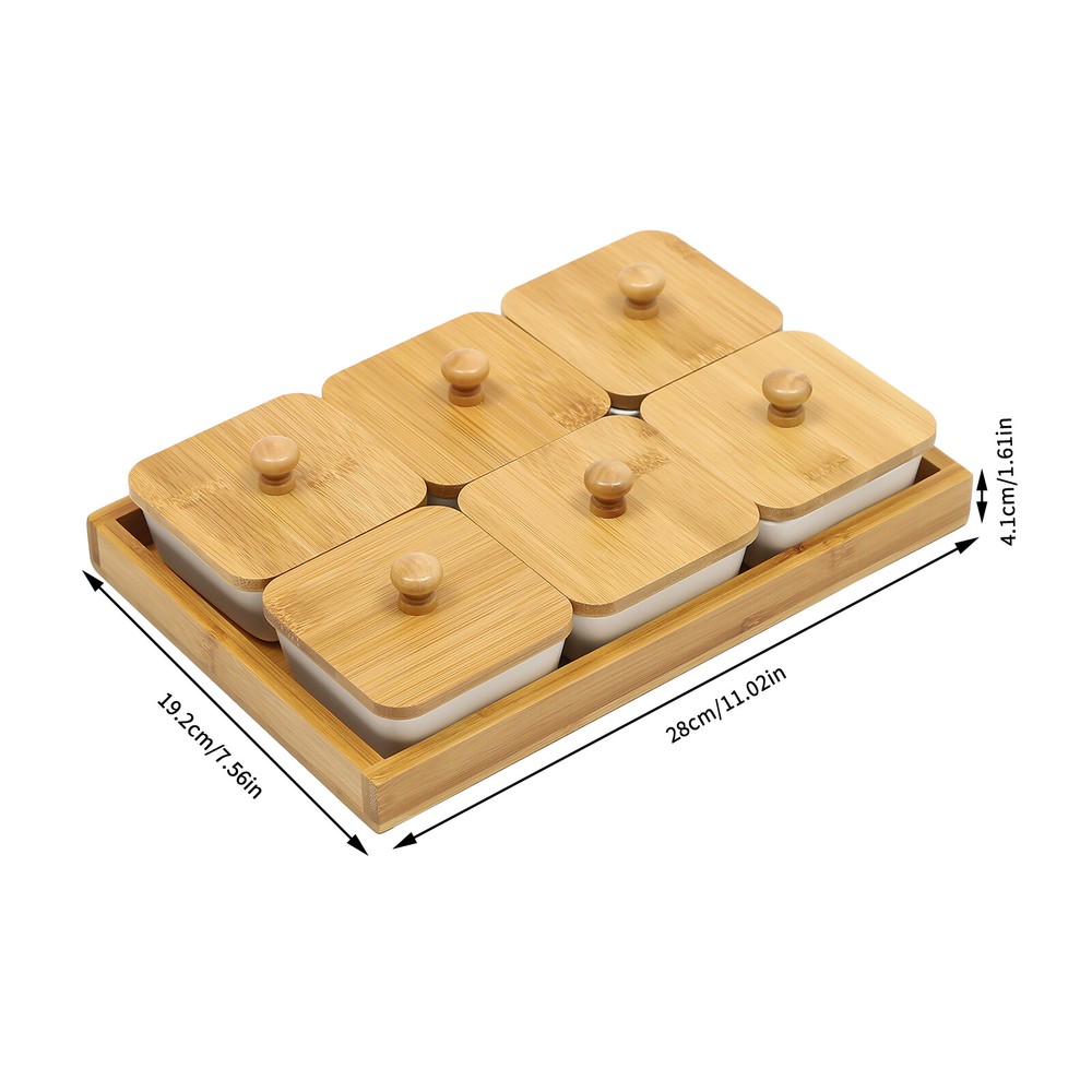 Ceramic Snack Serving Tray Set with Bamboo Lids - 6 Piece Platter