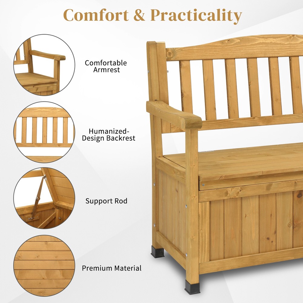 Yard Storage Bench Deck Box Wood Seating Container Tools Toys with Backrest
