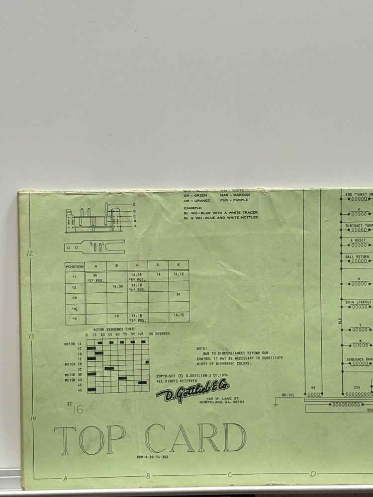 ORIGINAL-GOTTLIEB-TOP CARD-PINBALL-SCHEMATIC