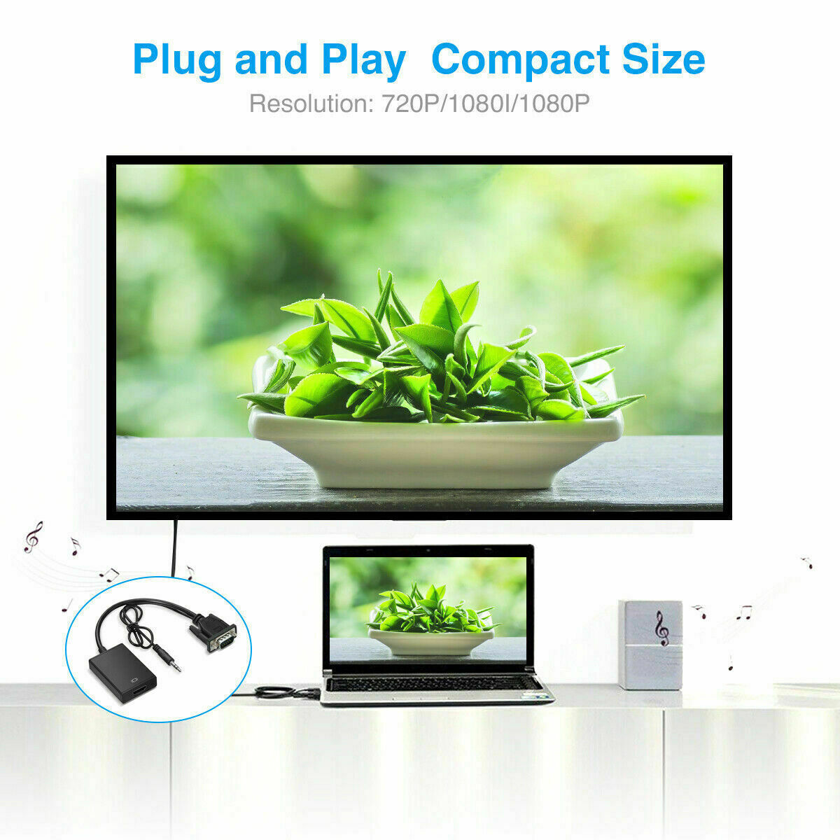 VGA To HDMI Converter 1080P HD Adapter With Audio Cable For HDTV PC Laptop TV US