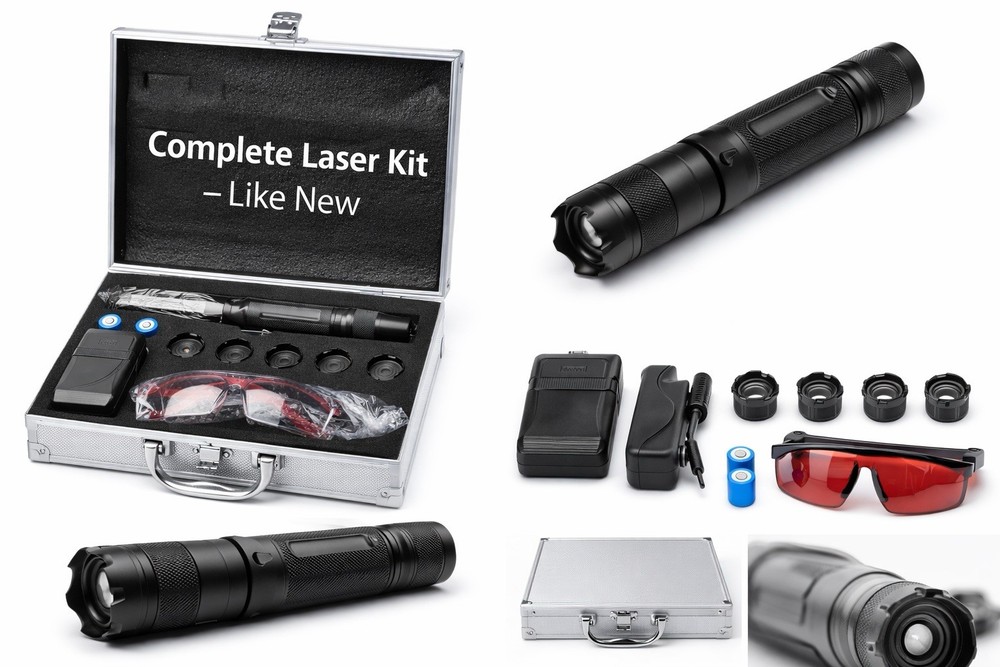 Rechargeable Blue Laser Pointer Pen 405nm Adjustable Focus w/ Case & Accessories