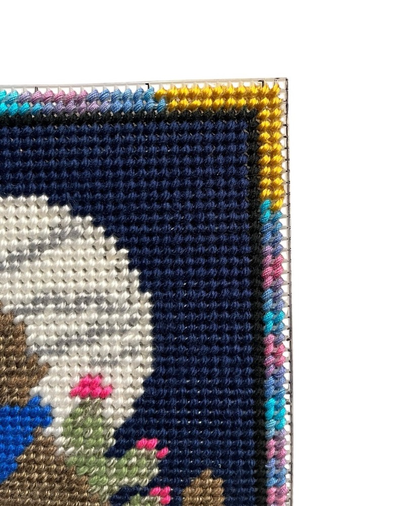 VTG Needlepoint Plastic Canvas Wolf Howling Desert Cactus Completed Handmade