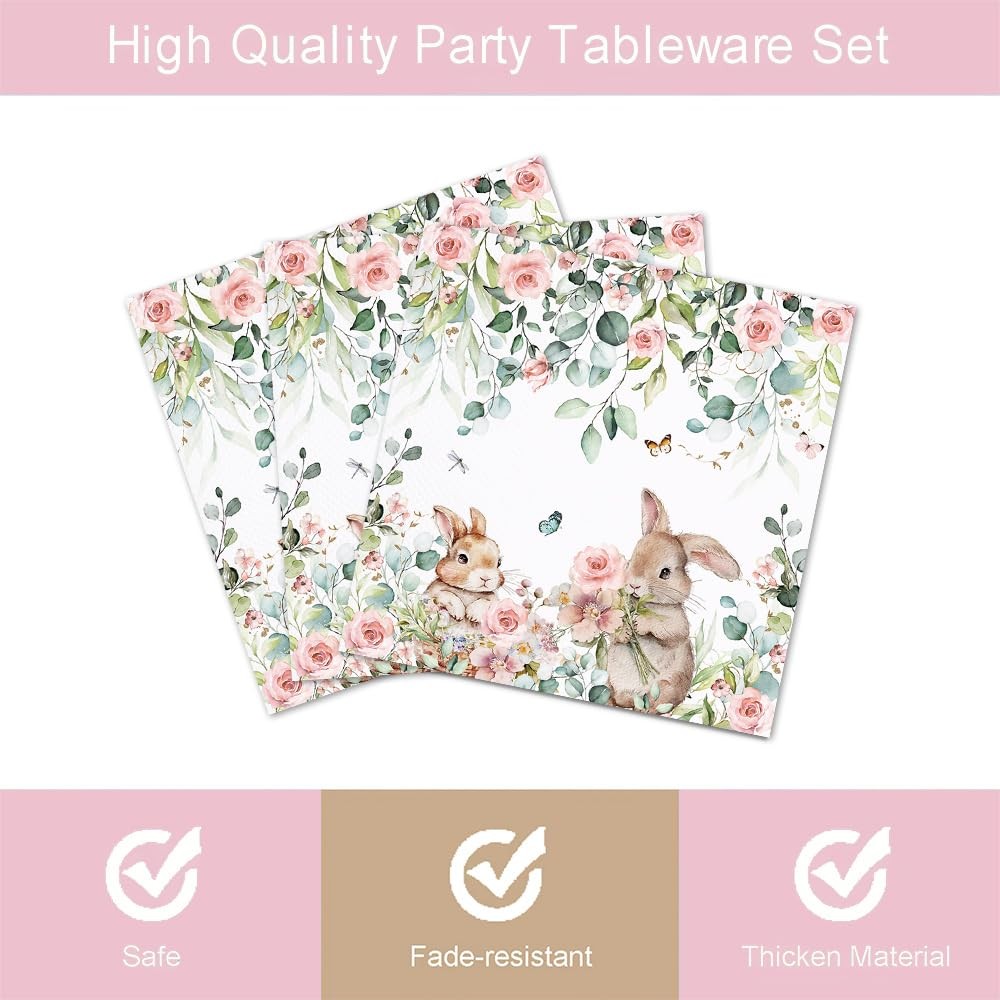 96 PCS Spring Easter Bunny Tableware Plates Napkins Floral Serves 24 Guests