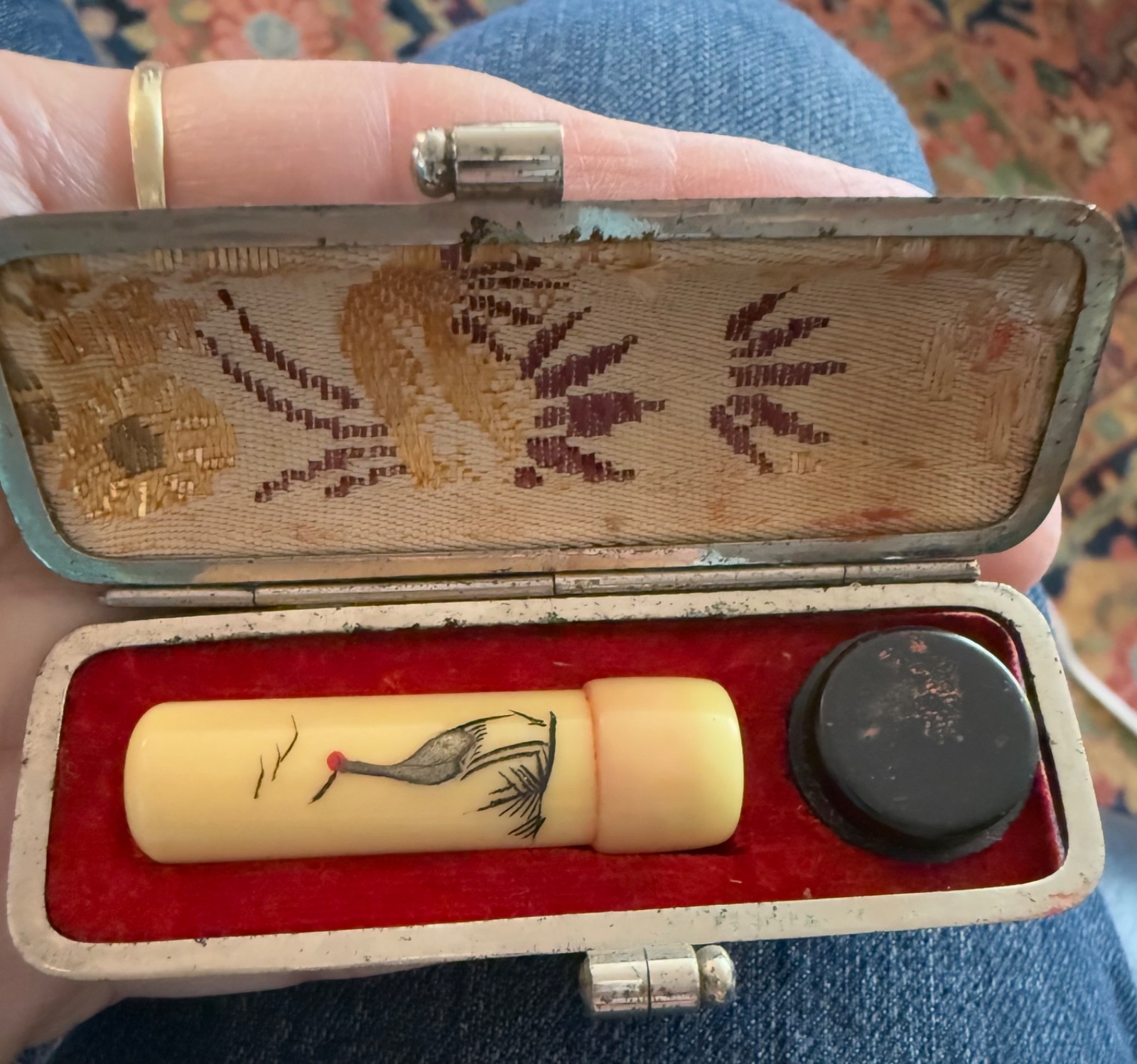 Vintage Japanese Hanko stamper with powdered red ink in little case circa 1940