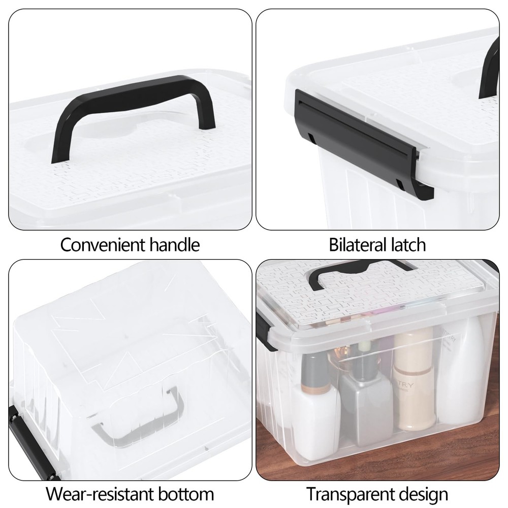 6 Quart Clear Small Storage Boxes with Handles, Plastic Storage Latching Bins...