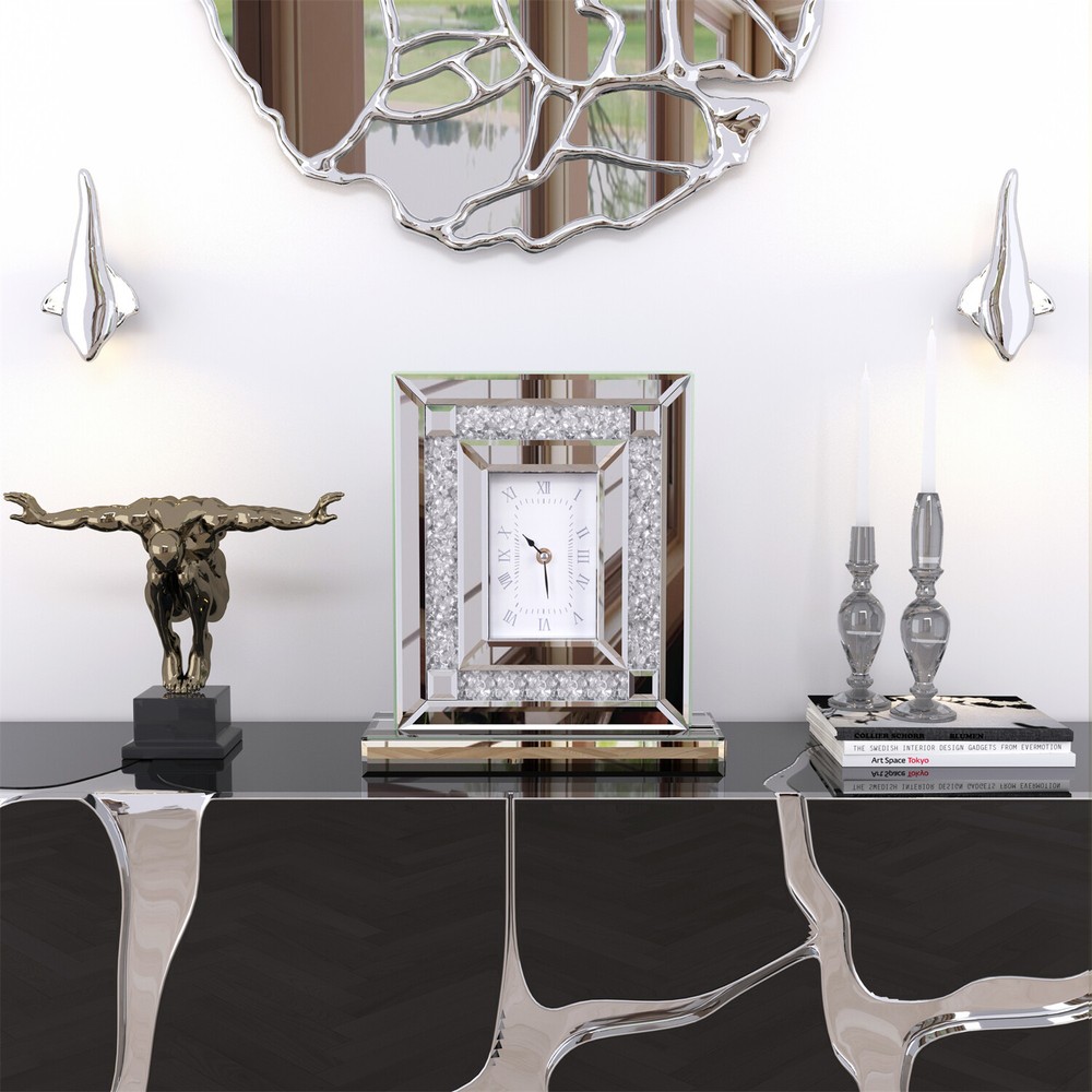 Silver Mirror Glass Desk Clock Crystal Crush Diamond Table Top Decorative Clock