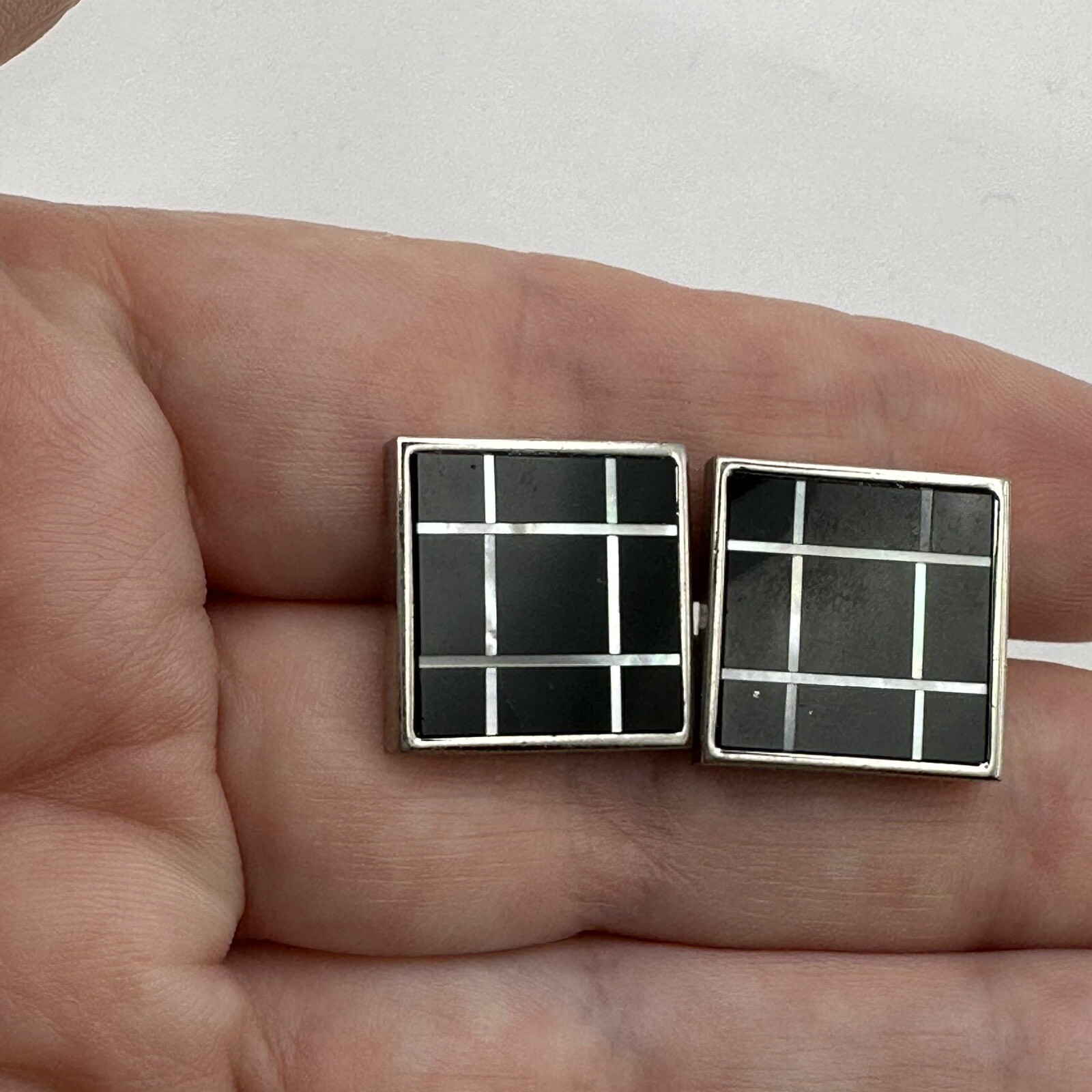 Modernist Black White Cufflinks Onyx Mother Of Pearl Square Geometric Pair