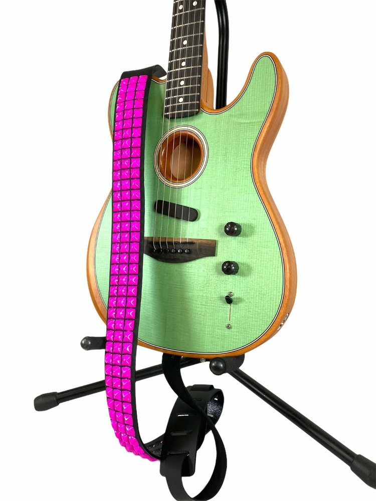 Pink Stud USA MADE Top Grain Leather Guitar Strap w/Studs 1/2' Neon Pyramid