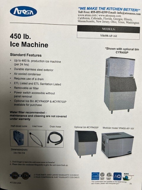 ATOSA YR450-AP-161 460 lbs ICE MACHINE
