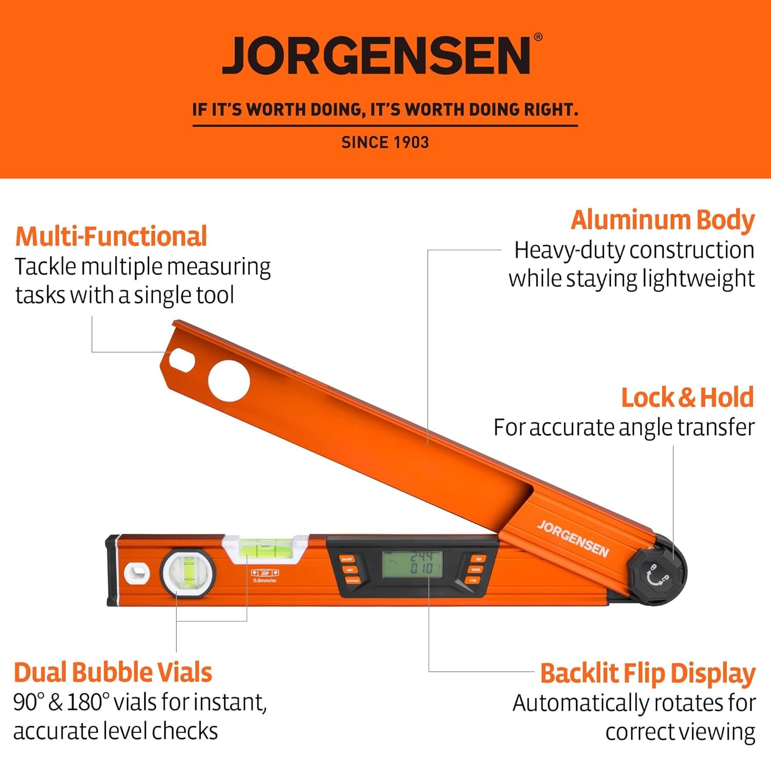 JORGENSEN Digital Multi Angle Finder Tool w/Backlit LCD Protractor Digital Level