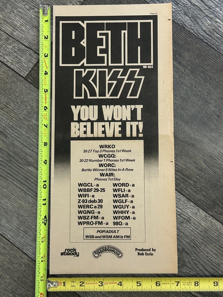 KISS Ad Advert Destroyer BETH Single Radio Airplay 7x15 Vintage Kiss Aucoin