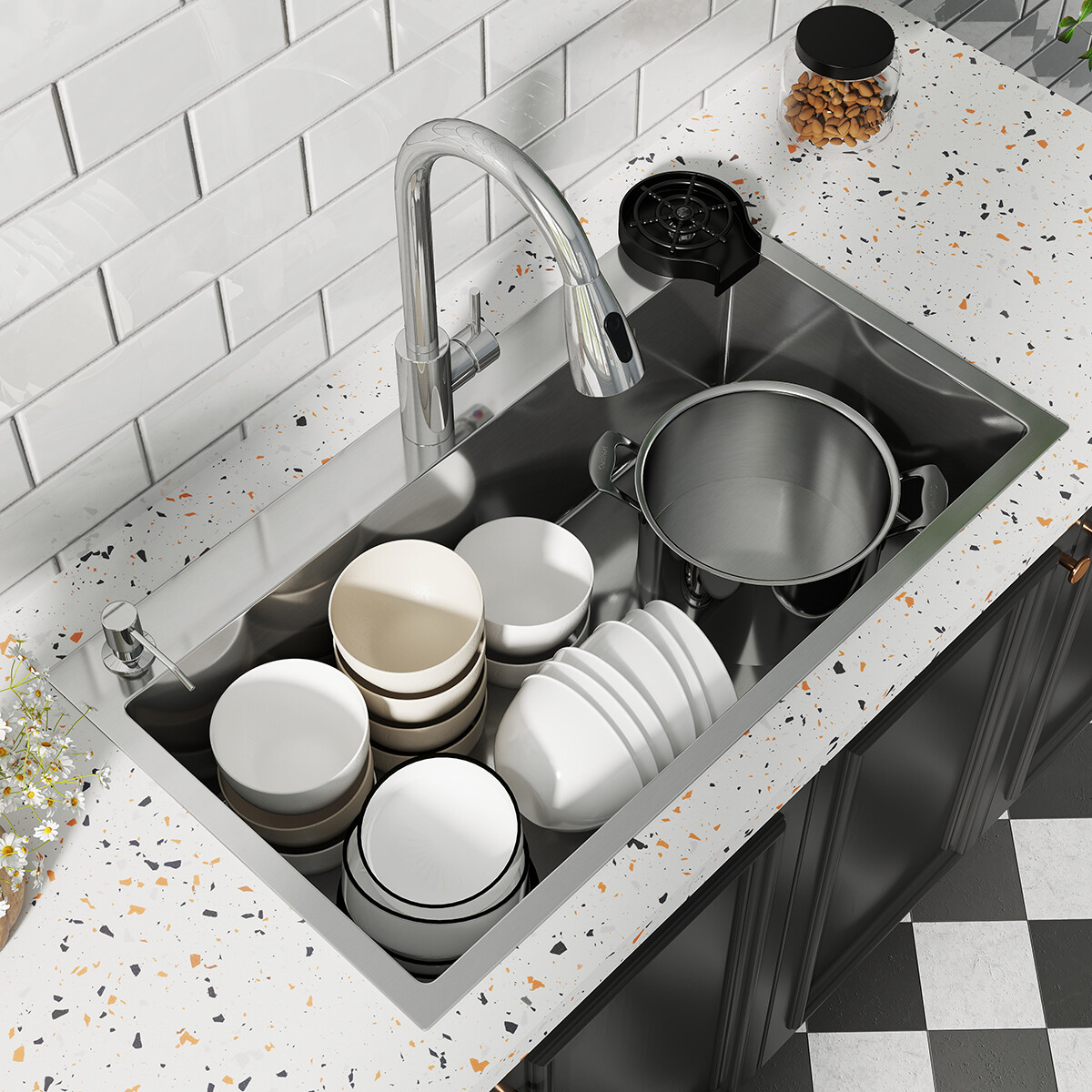 Kitchen Sink Drop In Stainless Steel Single Bowl Top Mount w/ Faucet 28"/30"/32"