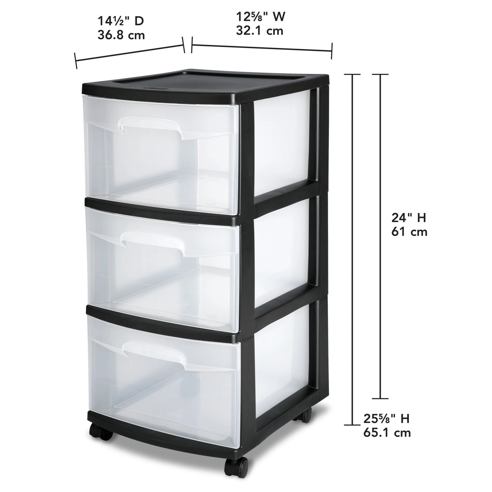 3 Drawer Medium Cart, Clear Plastic Storage Drawers, Wheels Included, Black