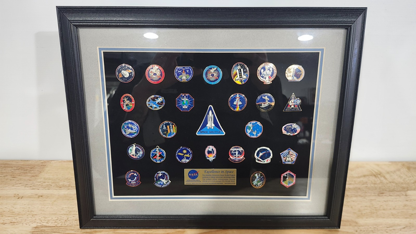 rare Winco framed collection of NASA "Excellance in Space" insignia pins