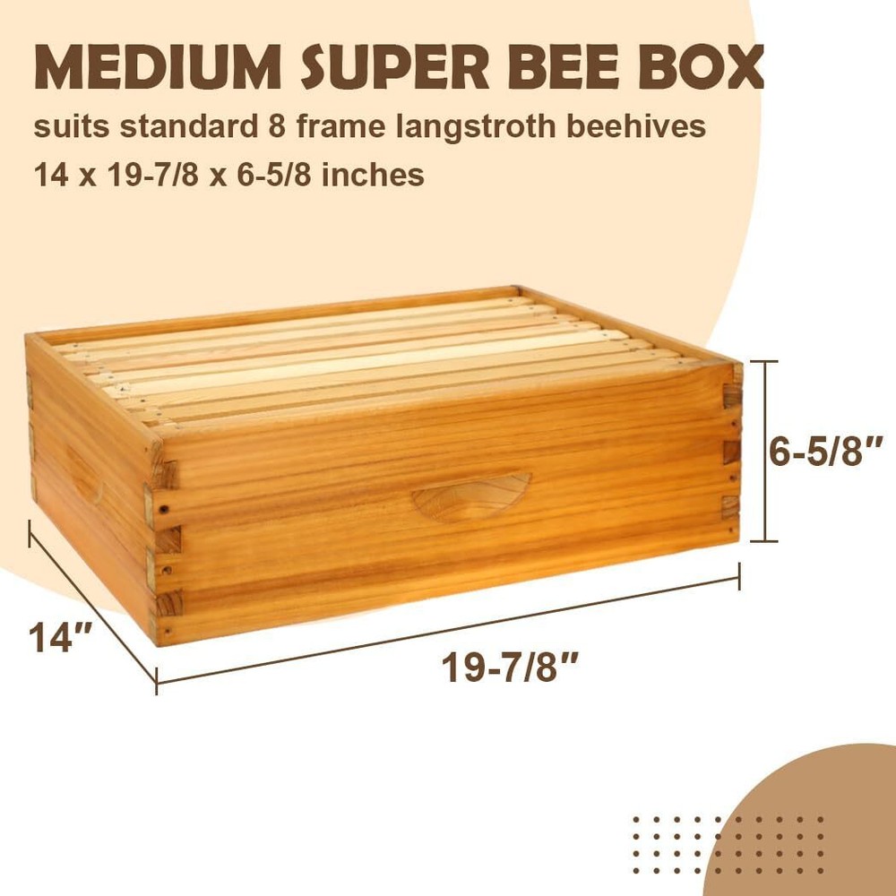 8 Frame Langstroth Medium Super Bee Hive Box w/ Frames & Wax Sheets Unassembled