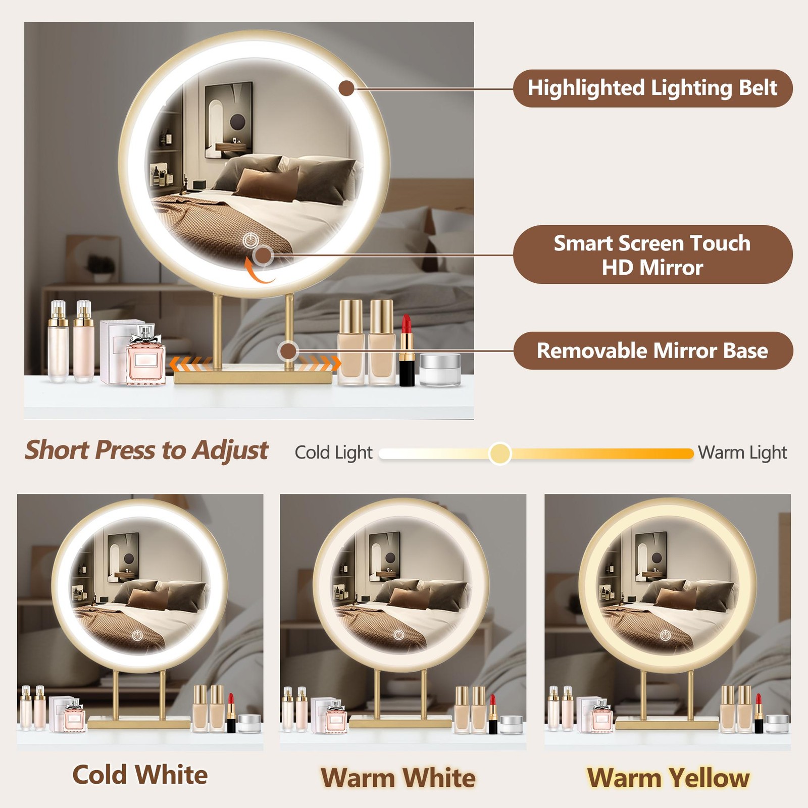 Vinsetto 31.5" Makeup Vanity Desk with Lighted Mirror, White+Gold