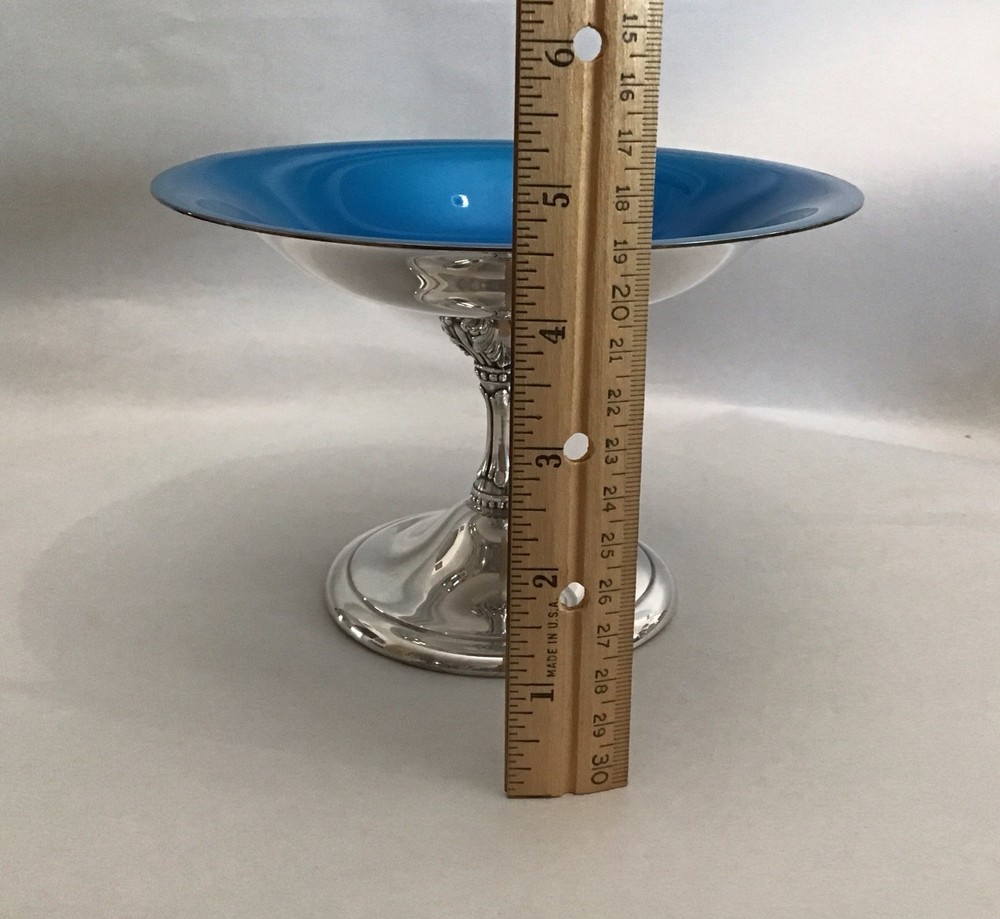 Reed & Barton Peacock Blue Enamel Silver Plate Stem Pedestal Compot Candy Bowl￼