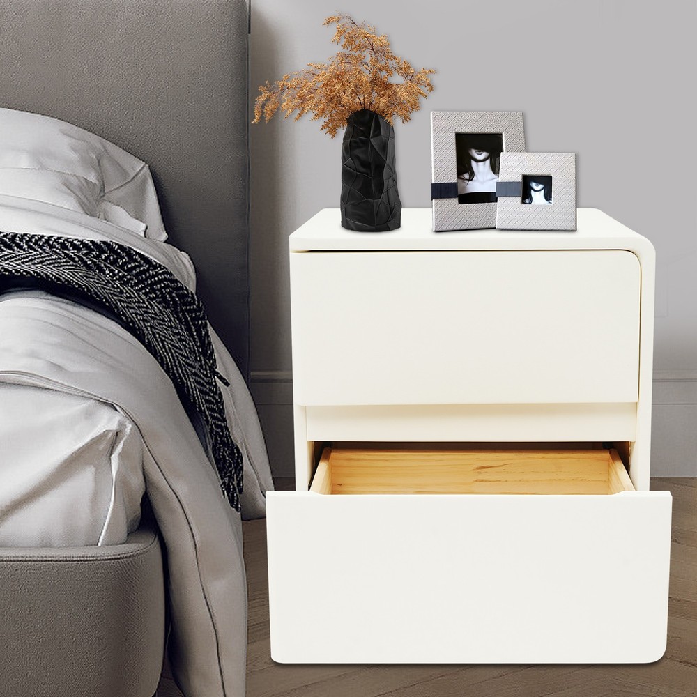Modern Nightstand With Microfibre Leather Wrap 2-Drawer Beside Table Beige NEW