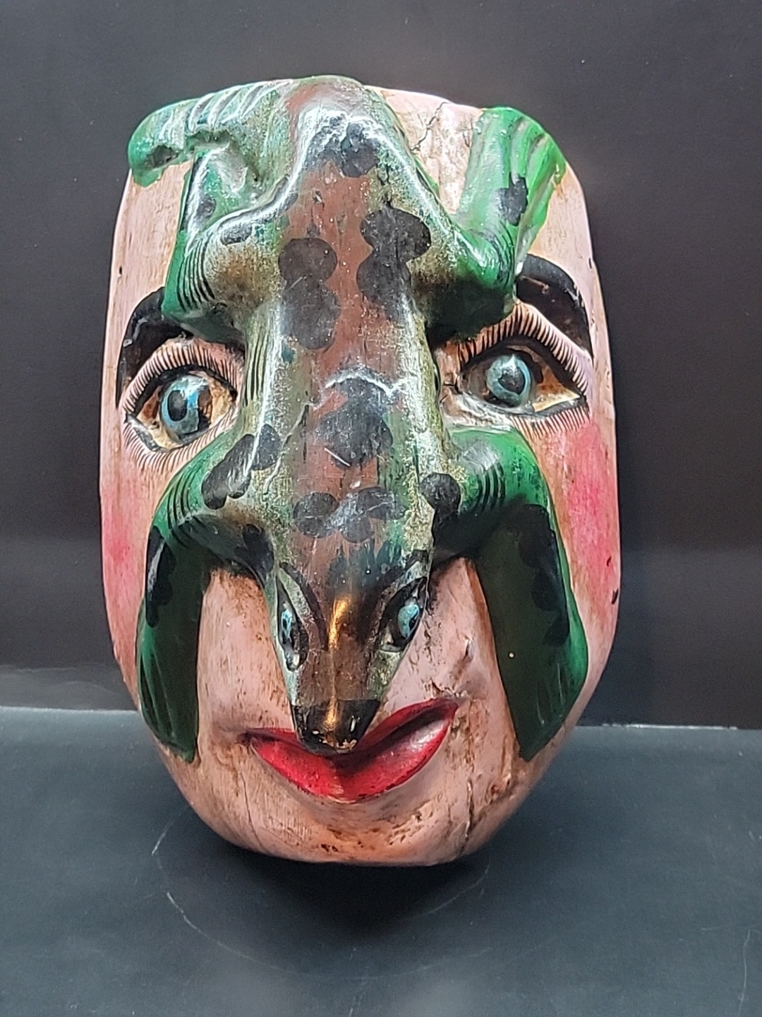 VTG Mexican Carved Wood Folk Art Dance Mask Painted Lizard Face with Blue Eyes