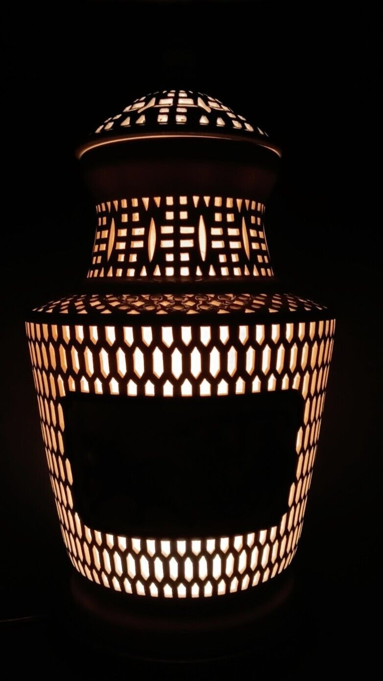 Vintage Blanc de Chine Pierced Reticulated Lamp Chariot Motif