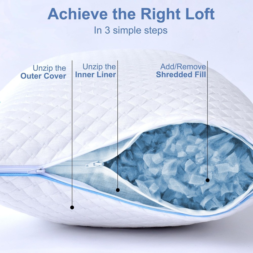 Shredded Memory Foam Pillows for Sleeping 2 Pack - Cooling Bed Pillows Standa...