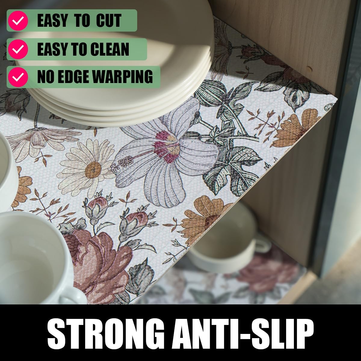 Floral Drawer Shelf Liners, Non Adhesive and Strong Non-Slip Cabinet Drawer S...