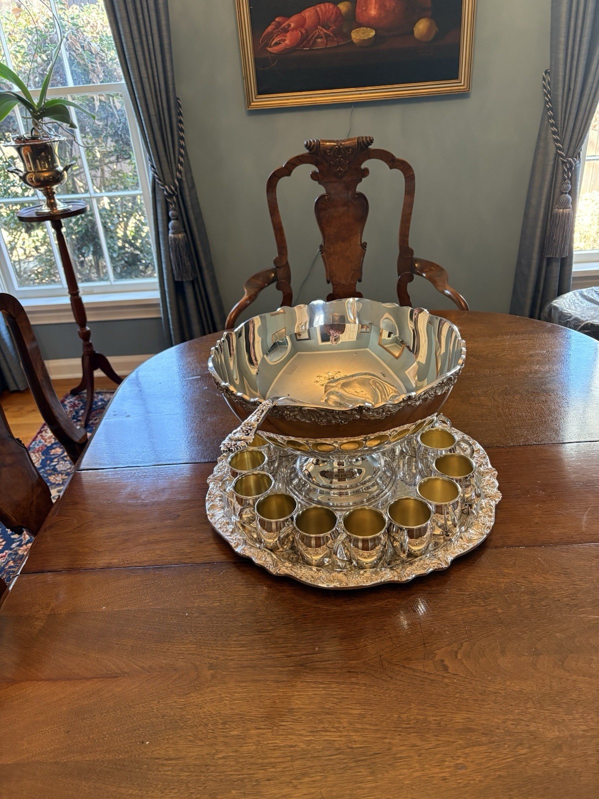 Towel Silverplate Punchbowl, Tray, Ladle, Punch Cups