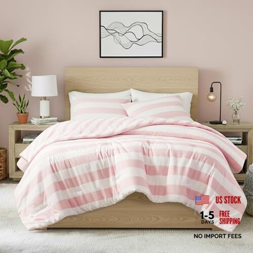 Reversible Striped Comforter Set, Soft Microfiber Bedding Set with King Blush