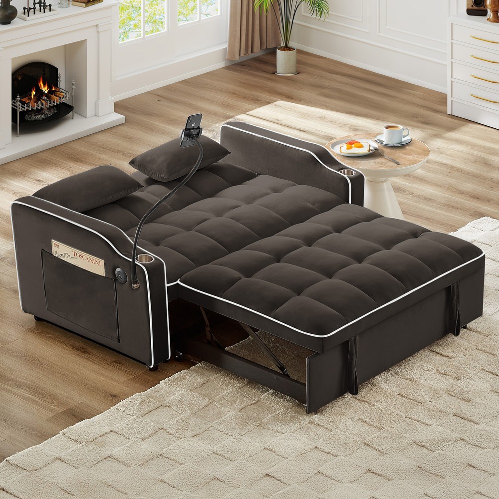 Versatile Foldable Double Seat Recliner,Comfortable Velvet Pull-Out Sleeper Sof