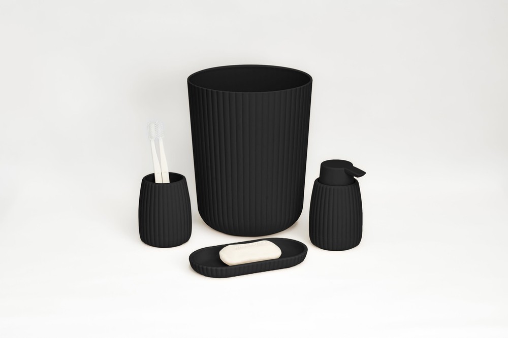 Mainstays Rubberized Plastic Ribbed 4-Piece Bath Accessories Set, Black